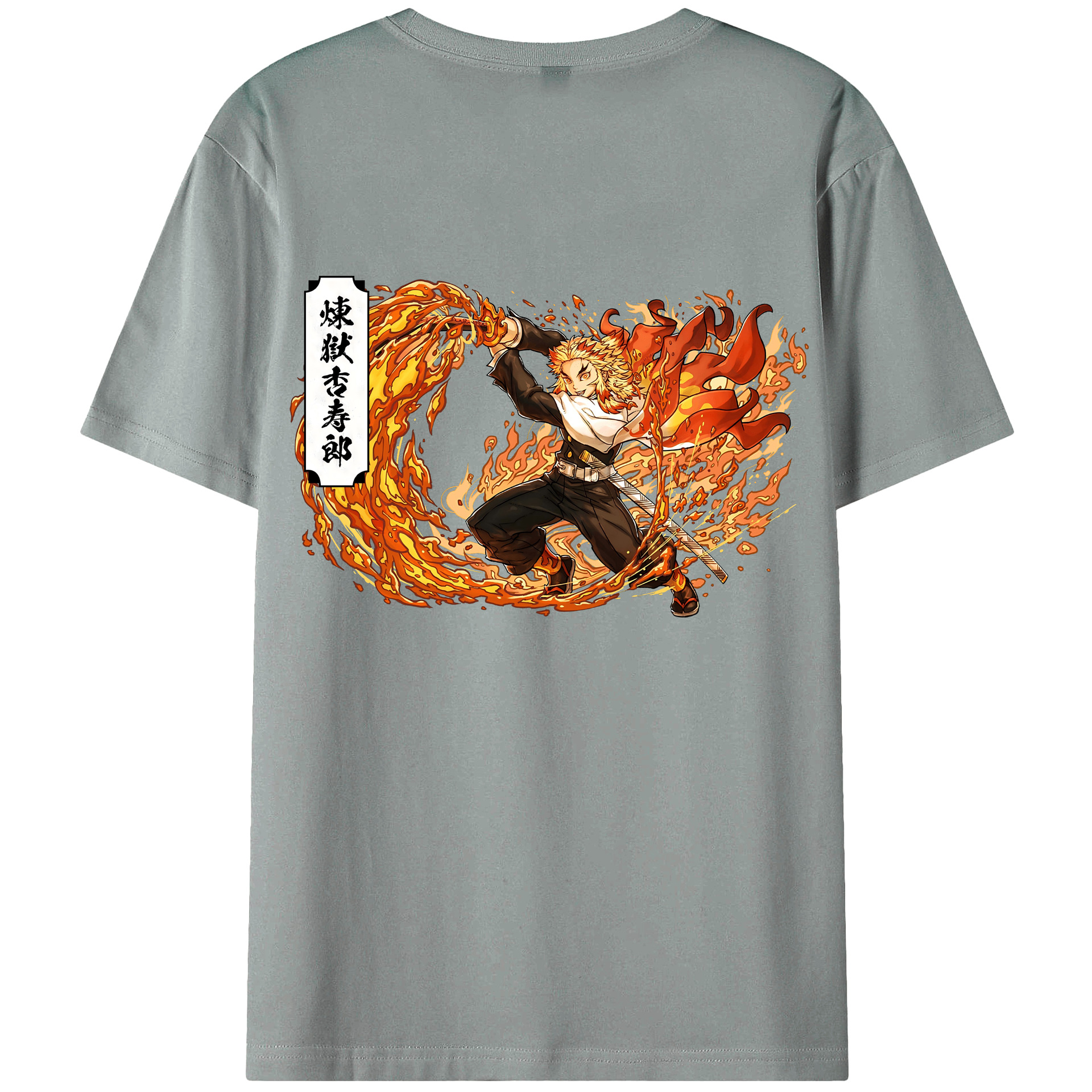 （画像用） 鬼滅の刃（きめつのやいば）炎柱-煉󠄁獄 杏寿郎／れんごく きょうじゅろう Rengoku Kyoujurou 綿100％ メンズ半袖Tシャツ（バックプリント） 通気性